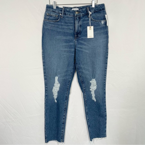 Good American The Weekender Jeans Medium Wash Distressed Raw Hem Size 6/28 - Picture 5 of 10